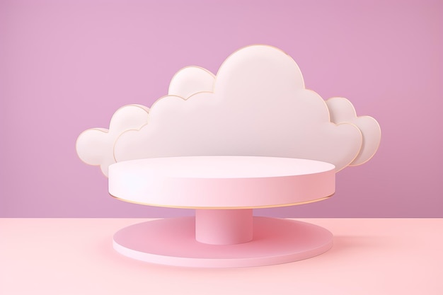 Pódio 3D com uma nuvem bonita de fundo rosa e branco para apresentação e exibição de produtos