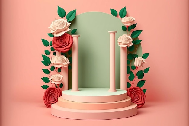 Podio 3D del día de San Valentín para exhibición de productos flores rosas con fondo. Pedestal mínimo para la belleza, plantilla de espacio de copia femenina creada con tecnología generativa ai.