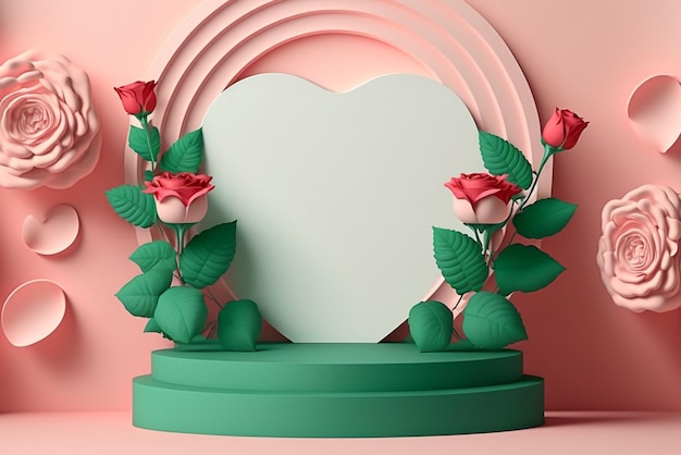 Pódio 3D do dia dos namorados para exibição de produtos rosas rosas com fundo. Pedestal mínimo para beleza, modelo de espaço de cópia feminino criado com tecnologia de IA generativa.