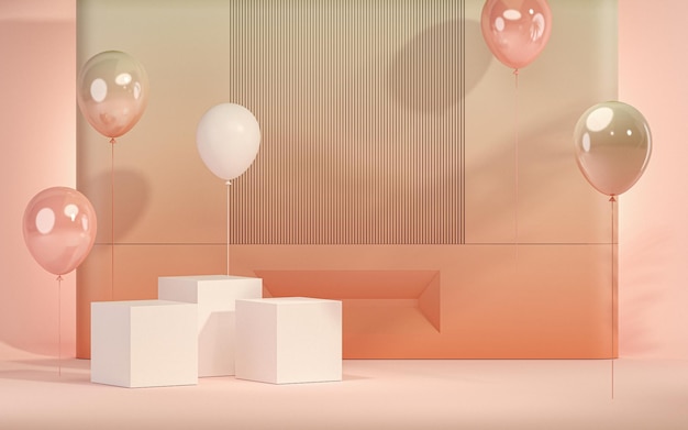 Pódio 3D em fundo rosa pastel com presentes e bolha para renderização 3d do dia das mulheres