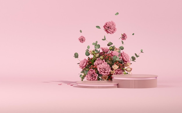 Podio 3D con fondo beige pastel con flor de rosa y render 3d de hoja de palma