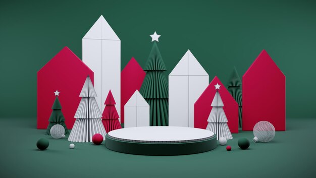 Podio 3D con fondo navideño con formas geométricas y color blanco verde rojo