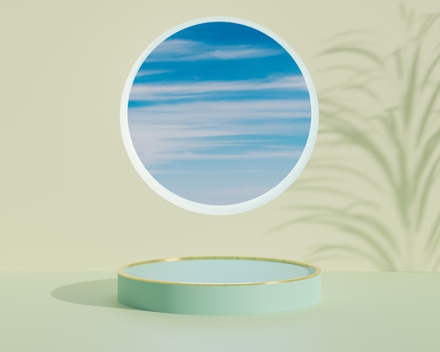Podio 3D con fondo de nubes para exhibición de productos.