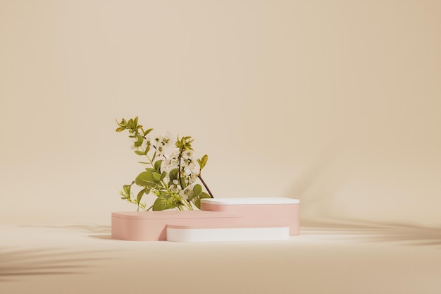 Podio 3D con fondo rosa pastel y beige con flores y jarrones decorativos render 3d