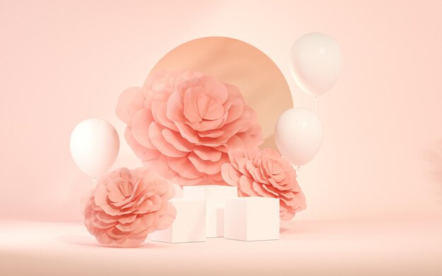 Podio 3D con fondo rosa pastel con flores de peonía Burbuja y sombra de hoja de palma render 3d