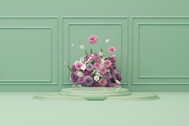 Podio 3D con fondo verde pastel con flor de hortensias y marco clásico