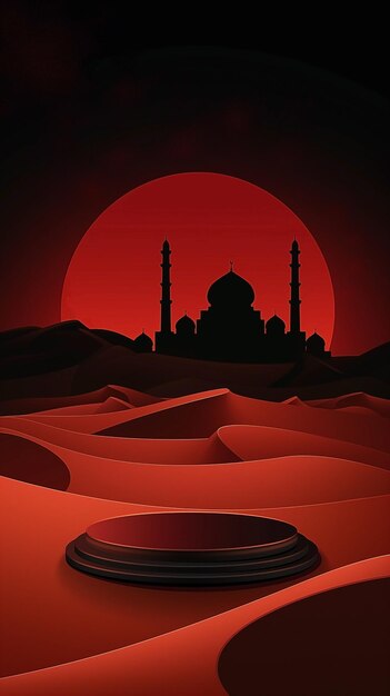 Pódio 3D fundo vermelho e preto para apresentação de produto deserto de areia com uma silhueta de mesquita