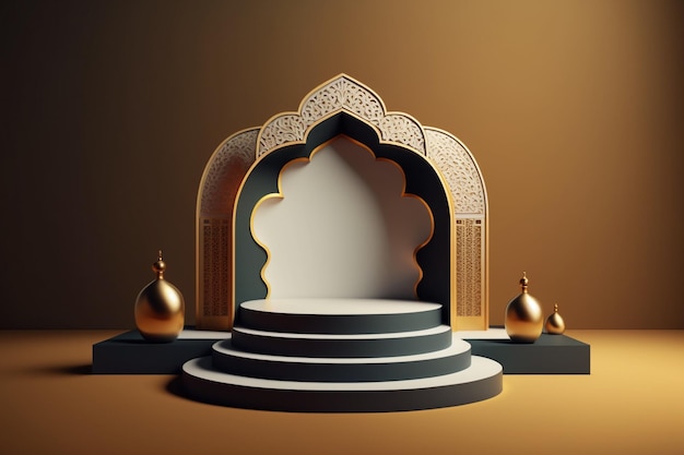 Podio 3D lujoso y elegante de temática islámica para exhibición de productos, podio de Ramadán. IA generada