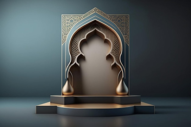 Pódio 3D luxuoso e elegante com tema islâmico para exibição de produtos, pódio do Ramadã. IA gerada