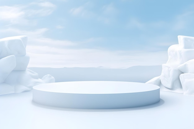 Foto pódio 3d modelo mínimo de palco em branco com paisagem cena de inverno de neve para exibição de produto design de apresentação ai gerar