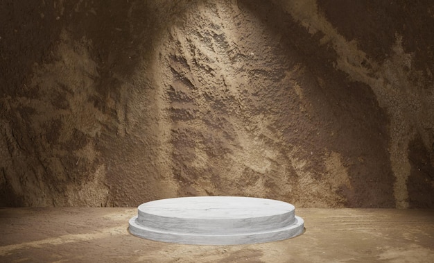 Pódio 3D no fundo da textura da pedra da areia da sala com destaque para baixo