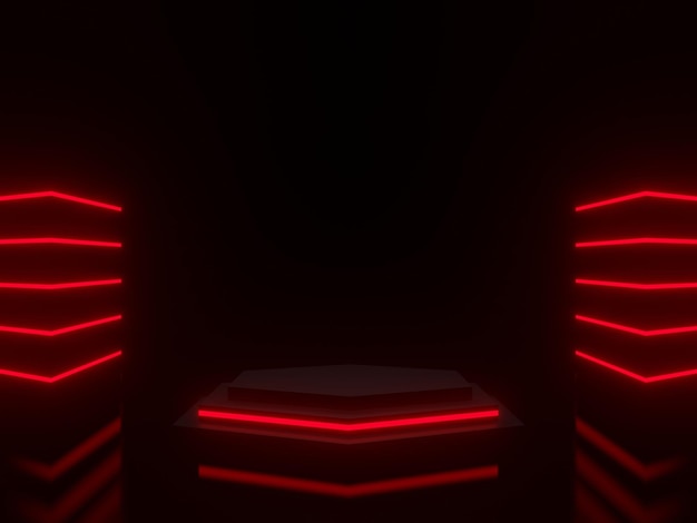 pódio 3D preto com luzes de néon vermelhas