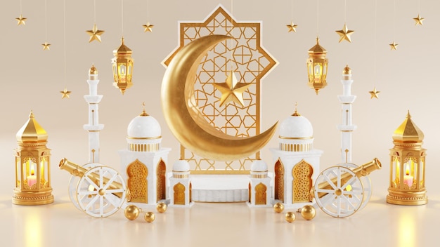 Foto podio 3d ramadan kareem con estrella de luna dorada y linterna puerta de la mezquita patrón islámico cafetera árabe fecha palma podio de fruta como decoración de fondo islámico de lujo para ramadán kareem