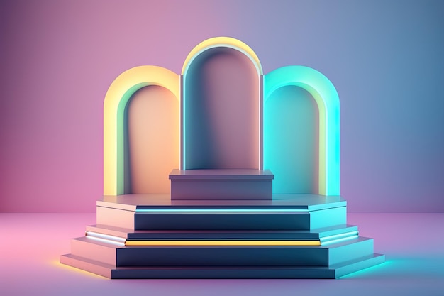 Pódio 3D realista com luz neon e cor pastel para exibição do produto