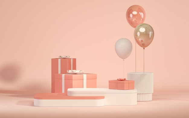 Podio 3D sobre fondo rosa pastel con regalos y burbujas para el Día de la Mujer 3D Render