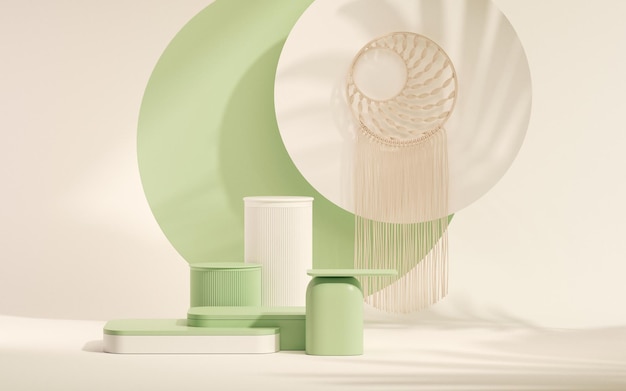 Podio 3D sobre fondo verde pastel y blanco con hoja de palma y tapices de macramé 3d render