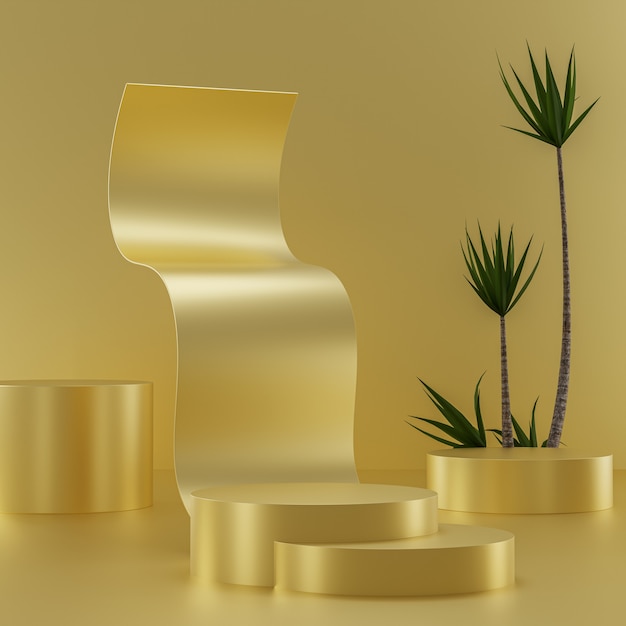Podio abstracto dorado sobre un fondo dorado para la colocación de productos con árboles tropicales 3D Render