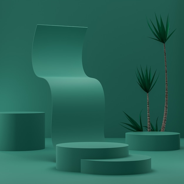 Podio abstracto verde sobre un fondo dorado para la colocación de productos con árboles tropicales 3D Render