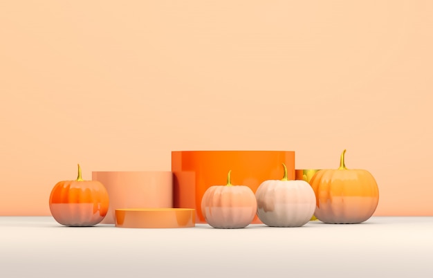 Pódio abstrato de 3d halloween com caixa de cilindro laranja e abóboras para exibição de produtos.