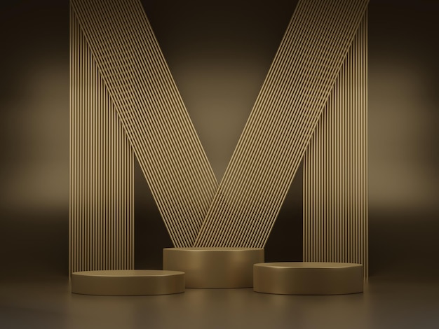 Pódio abstrato mínimo com ilustração de renderização 3D de fundo de tubo dourado