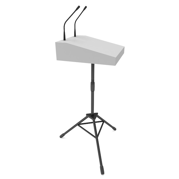 Podio de altavoz 3d en trípode White Tribune Rostrum Stand con micrófonos 3d render aislado en blanco