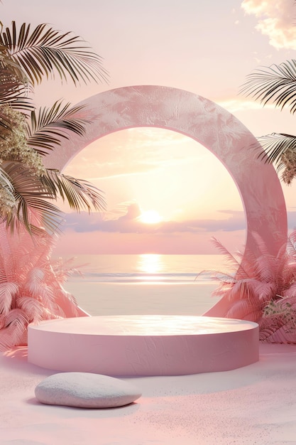 Podio de amanecer rosa pastel en 3D tropical con exhibición de lujo en la playa