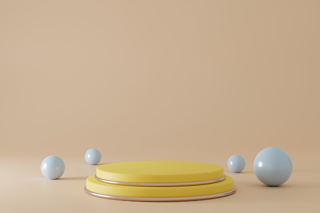 Pódio amarelo de renderização 3D minimalista com esferas ao redor
