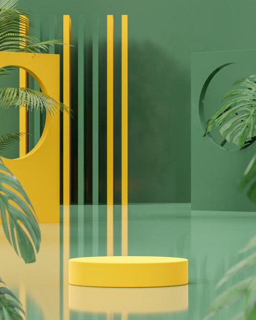 Podio amarillo sobre fondo tropical amarillo para la colocación de productos 3d render