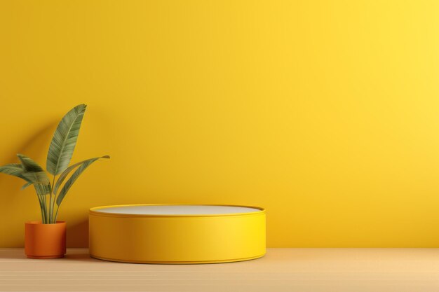 Un podio para anunciar un producto. En primer plano hay un pequeño podio redondo. Al fondo hay una pared de color amarillo brillante. Composición minimalista. Representación 3d de alta calidad.