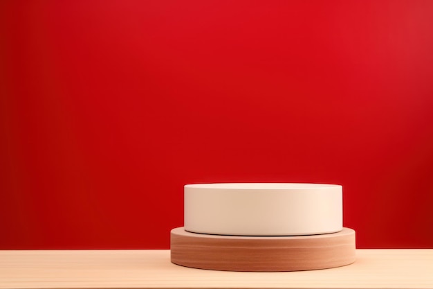 Un podio para anunciar un producto. En primer plano hay un pequeño podio redondo. Al fondo hay una pared roja brillante. Composición minimalista. Representación 3d de alta calidad.