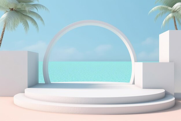 Podio de arco blanco con palmera y fondo marino Creado con tecnología de IA generativa