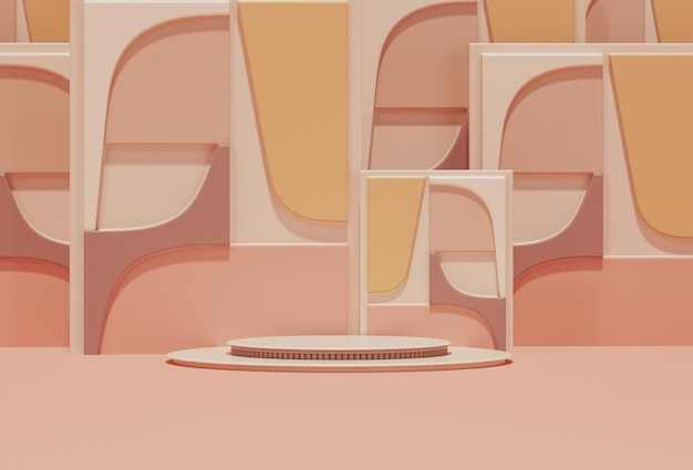 podio de arco y fondo abstracto. Escena de colores blanco y beige, rosa. Render 3d de moda para redes sociales