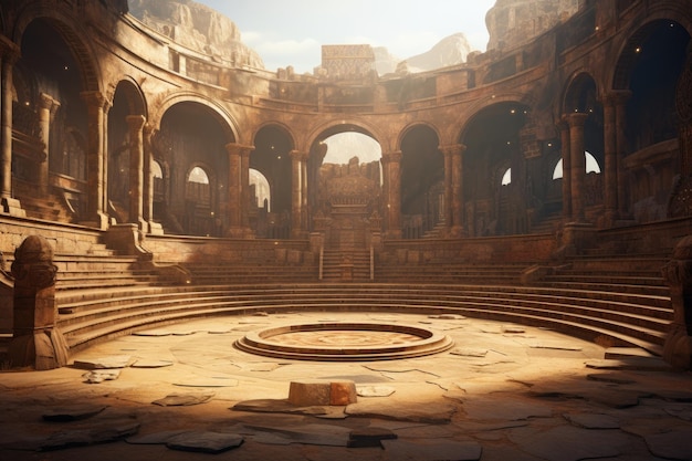 El podio de la arena antigua para las batallas las columnas de mármol el polvo en el aire la antigua Roma