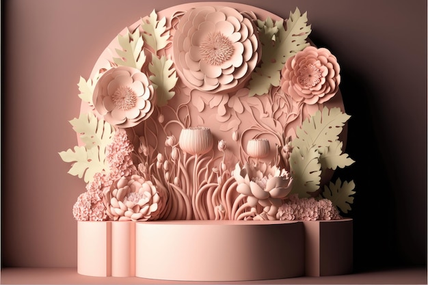 Podio de arte de papel rosa y flor Pedestal de estuco de escenario de producto con pared floral Plataforma modelo 3d