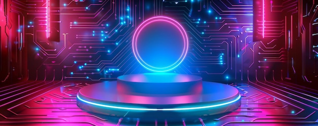 Podio de arte pop futurista en un fondo de circuito de neón con luces brillantes