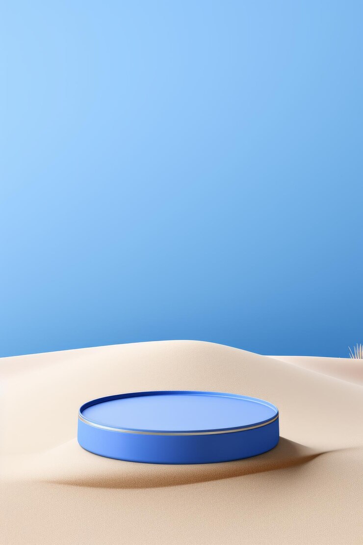 Podio azul en la arena Fondo azul para producto cosmético Imagen vertical