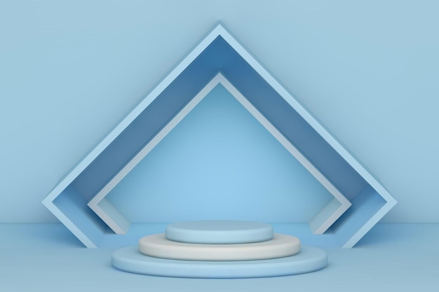 Podio azul y blanco y fondo abstracto mínimo 3D que representa la forma geométrica de la etapa