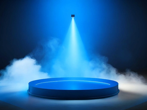 Foto pódio azul com holofotes e fumaça no palco para design