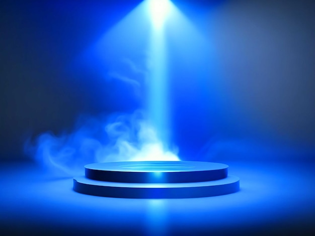 pódio azul com holofotes e fumaça no palco para design