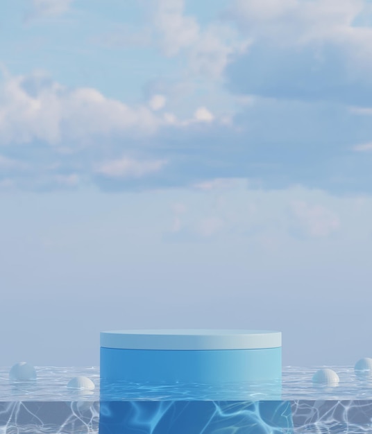 Pódio azul de renderização 3D com fundo de céu azul