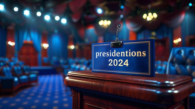 Foto podio azul eléctrico en el bar con el letrero de los presidentes 2024 en negrita