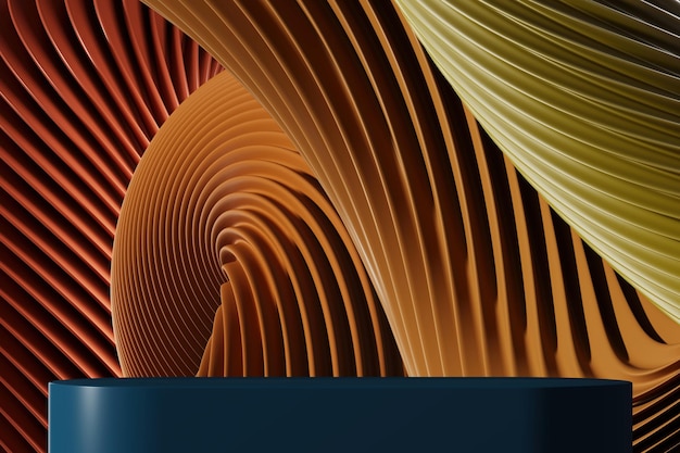 Pódio azul escuro com padrão ondulado abstrato fundo de tom quente ilustração 3D