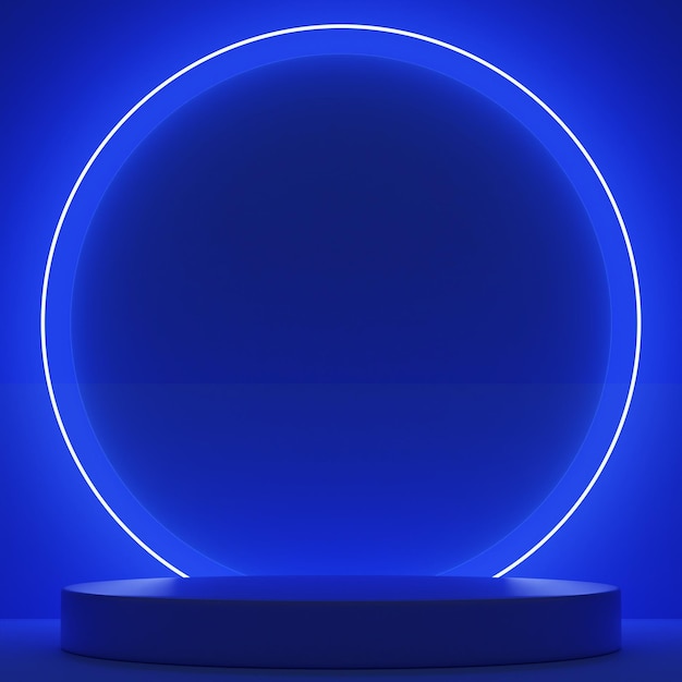 Podio azul oscuro con arco de neón tech podio de negocios de comestibles de fondo minimalista