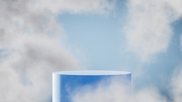 Pódio azul para exposição de produtos com fundo de céu azul