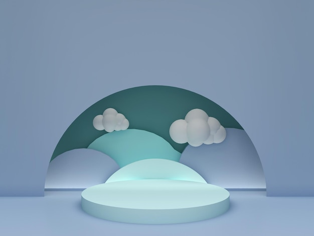 Pódio azul pastel com semiciclos e nuvens no fundo Pedestal para apresentação de produtos infantis Renderização 3D geométrica
