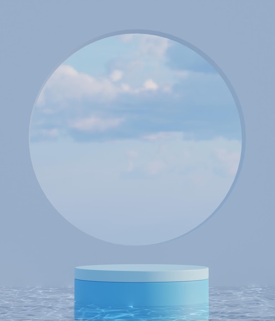 Podio azul de renderizado 3D con fondo de cielo azul