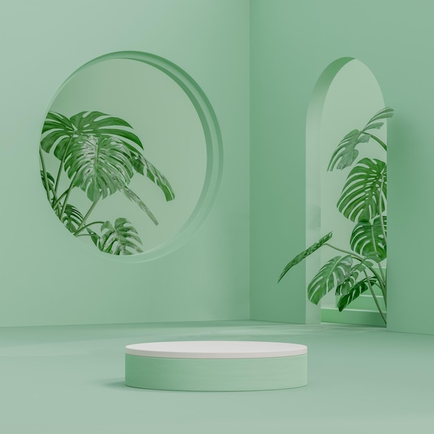 Pódio azulado em fundo tropical moderno para colocação de produto renderização 3D