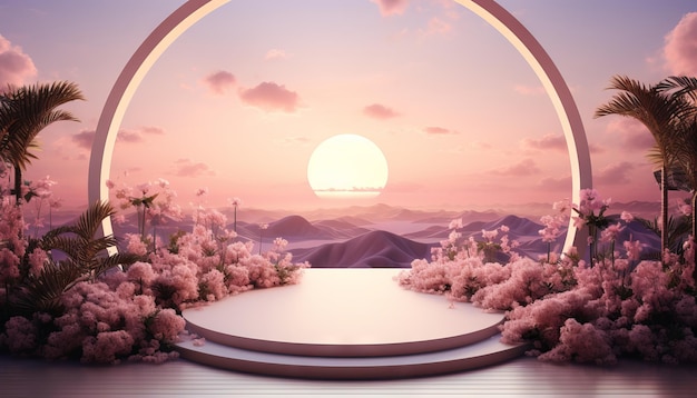 podio de belleza rodeado de exuberante vegetación con el telón de fondo de una escena romántica de ensueño en 3D