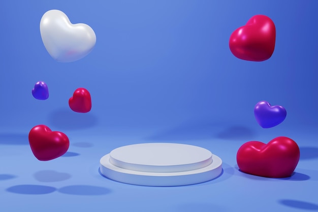 Podio blanco 3d con globo de corazón de amor cayendo sobre ilustración de fondo azul