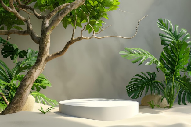 podio blanco en la arena con una gran rama de árbol y hojas tropicales verdes